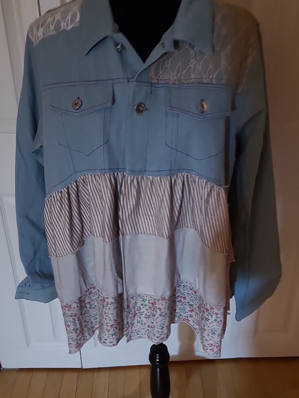 Blue Patchwork Jean Jacket with Floral Hem